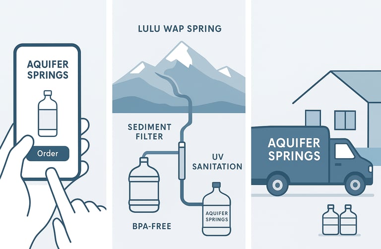 Three-panel: smartphone order; LuluWap Spring filtration; truck delivering two Aquifer Springs jugs.