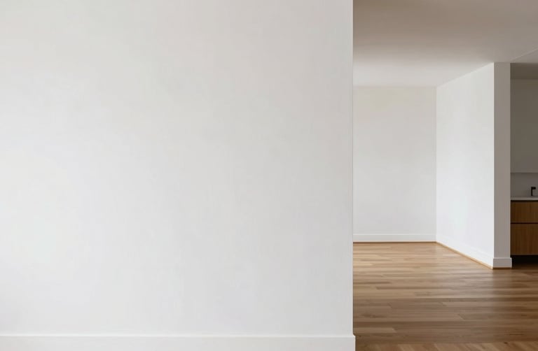 Architectural interior photography, bright natural daylight, clean white plaster textures, minimalist composition, sharp details, 35mm, wide-angle view of a modern living room where oak wood flooring meets a microcement wall transition.