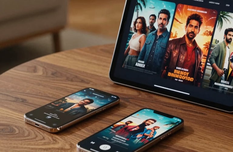 A high-end smartphone and tablet lying on a polished teak wood coffee table in a modern Global / Indian-influenced apartment. The screens display vibrant movie posters from Indian cinema. The lighting is warm and cinematic, suggesting a premium home entertainment experience.