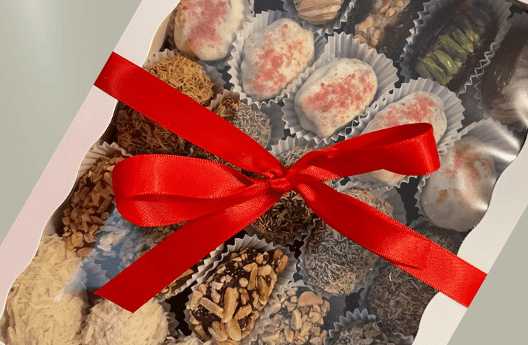 What’s Inside  Box of Belgian Chocolate-Dipped Dates (Assorted Flavors) Naturally sweet dates coated