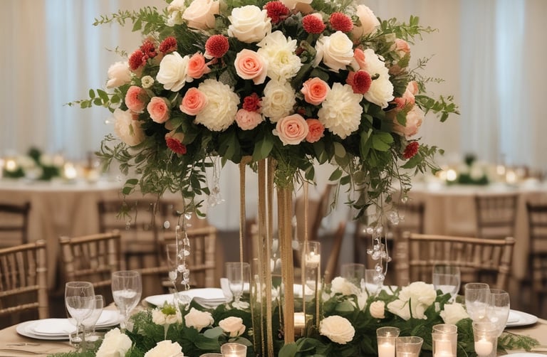 Elegant event décor setup with draped fabrics, candles, and floral centerpieces.