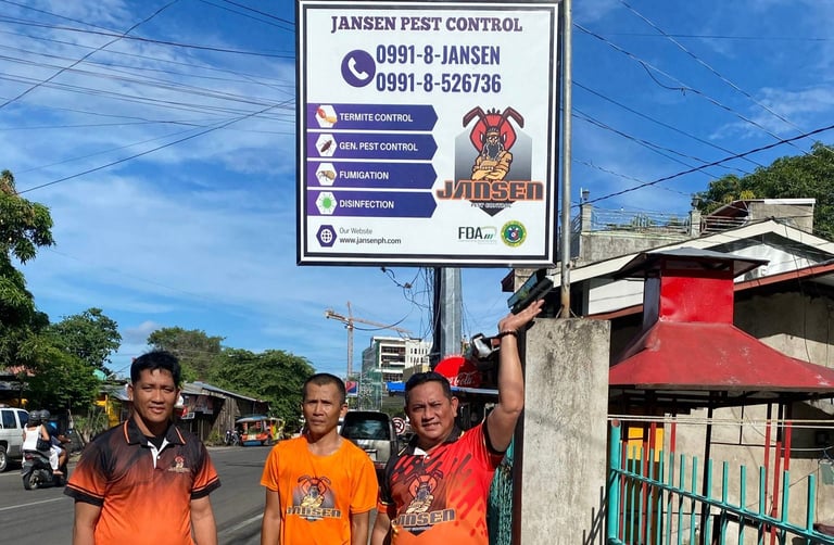 Dumaguete Pest Control staff standing outside their office at 23 Romero Road, Dumaguete City