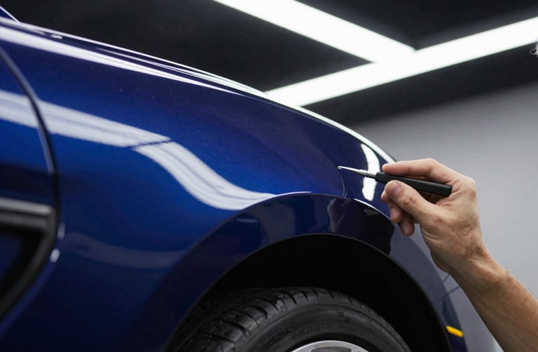 Macro shot of a technician inspecting a polished dark blue sports car fender under bright linear LED lights, showing a flawless mirror reflection