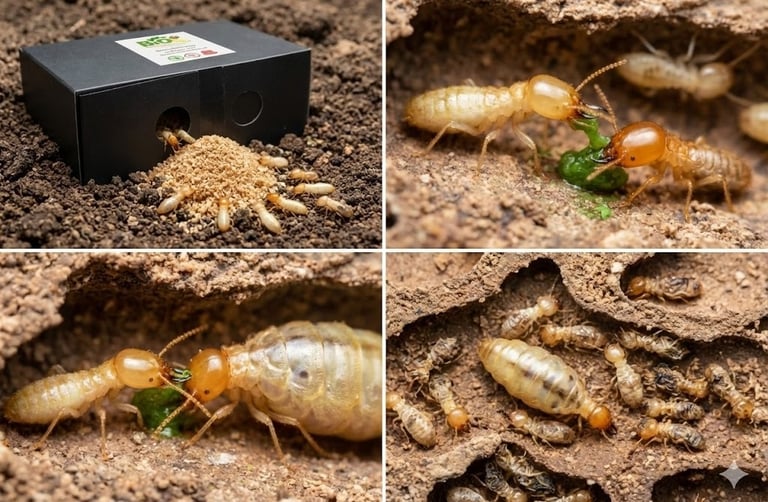 Diagram showing termites eating bait and spreading the elimination treatment through trophallaxis to