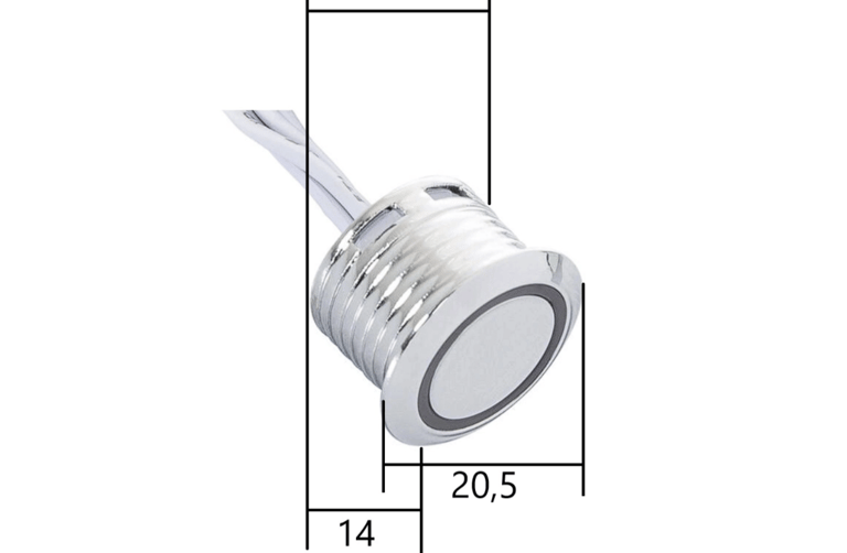 Mini interruptor táctil empotrable: diámetro frontal 20.5 mm y corte de 17 mm.