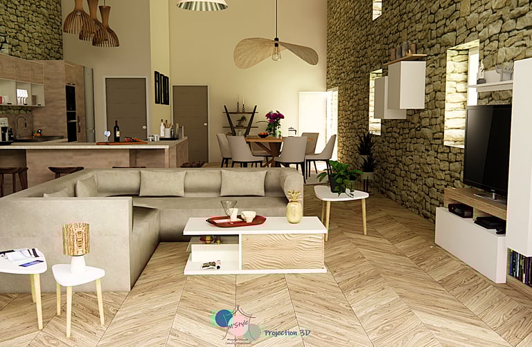 Projection 3D séjour new rustic