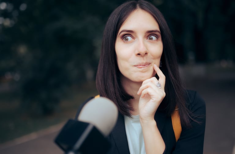 micro, femme, jeune, journaliste, question, interview, vidéo