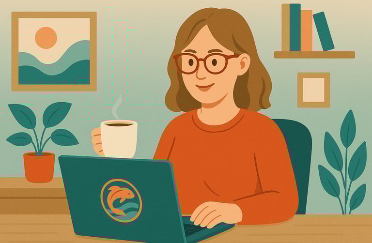 a woman sitting at a desk with a cup of coffee