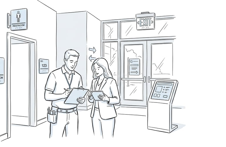 Man and woman reviewing signage audit