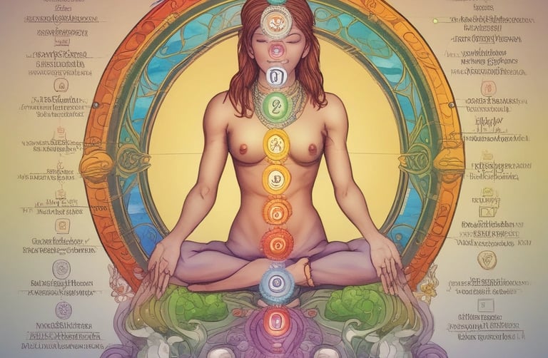 a woman sitting in a lotus position with seven chakrai chakrai cha