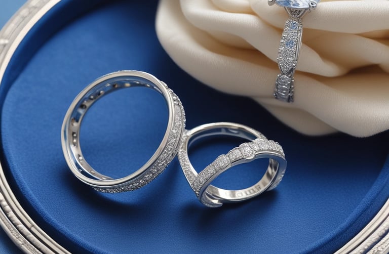 An elegant display of assorted couple bands, showcasing various designs and textures.