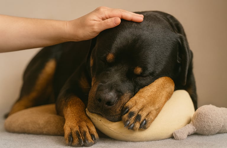 Schlafender Rottweiler liegt entspannt auf einem Kissen, ruhig und sicher 