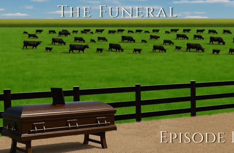 Coffin by fence, cattle in green paddocks under blue sky