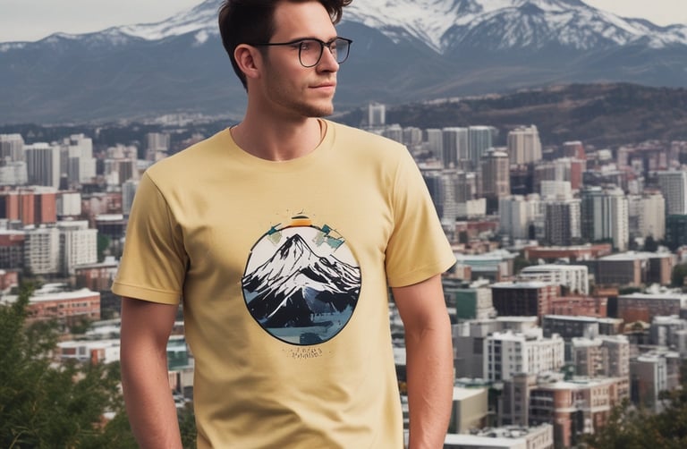 A man is standing inside a clothing store, surrounded by various garments on racks and shelves. The store is well-lit with modern ceiling lights and decorated with mannequins wearing casual outfits. Clothing items include shirts, jackets, and folded pants. There is a 'New Arrival' sign on display.