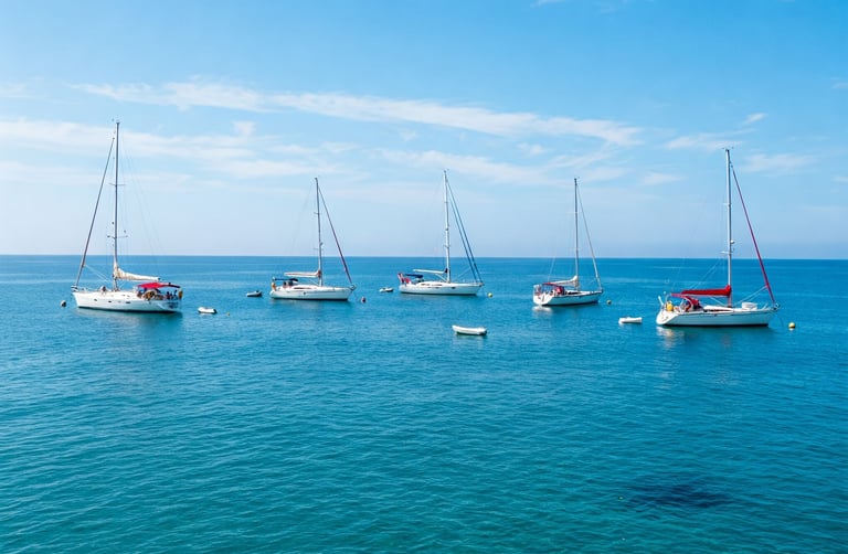 Voiliers blancs au mouillage, mer translucide et ciel bleu