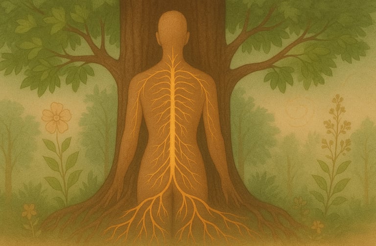 Tree trunk and nervous system illustration representing spinal attunement therapy