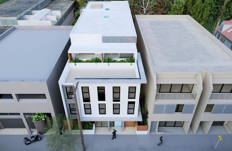 a building with a lot of windows and a motorcycle parked in front of it