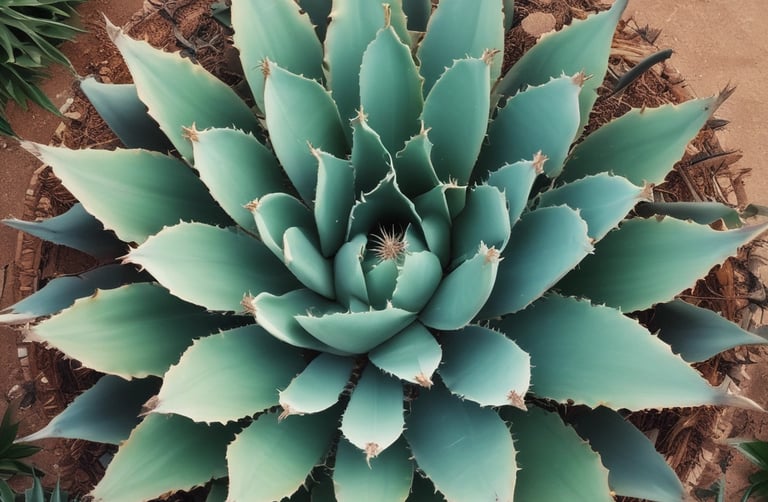 the view of a agave plant with a blue hue from up above the plant 