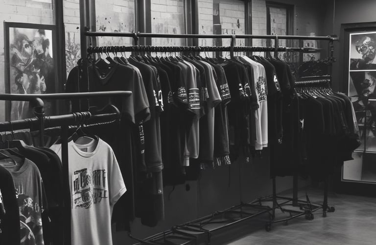Dimly lit storefront of a clothing shop with the brand name visible above the entrance. The closed shop is surrounded by dark and subdued lighting, with some illuminated fixtures creating a warm glow. Metal structures or decor elements are placed in the foreground.