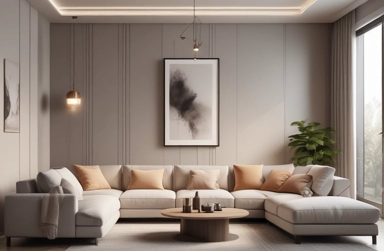 A well-decorated showroom with modern outdoor furniture including wicker chairs and tables, a sofa with cushions, and a carpeted floor. There's a mix of neutral and blue colors in the furnishings, along with decorative bird cages and potted plants. The large windows with white curtains allow plenty of natural light to brighten the space.