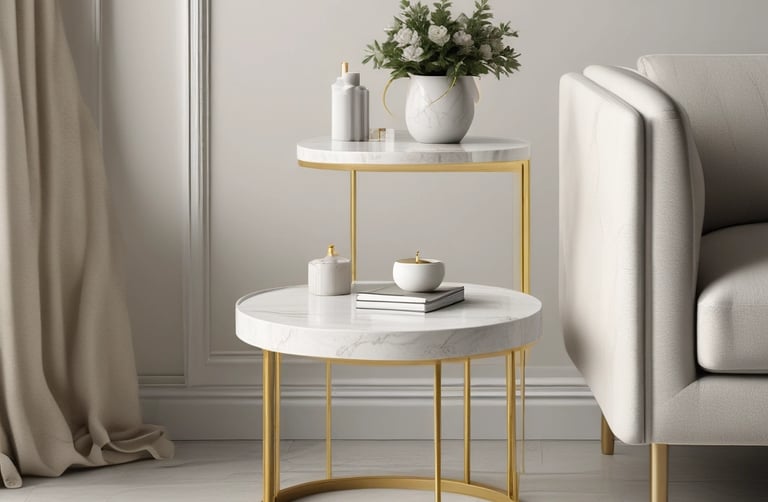 A laptop displaying a webpage with several interior design images is placed on a wooden table. Behind it, a gray couch and a round mirror on the wall can be seen, suggesting a cozy room setup. Soft lighting filters through sheer curtains in the background.