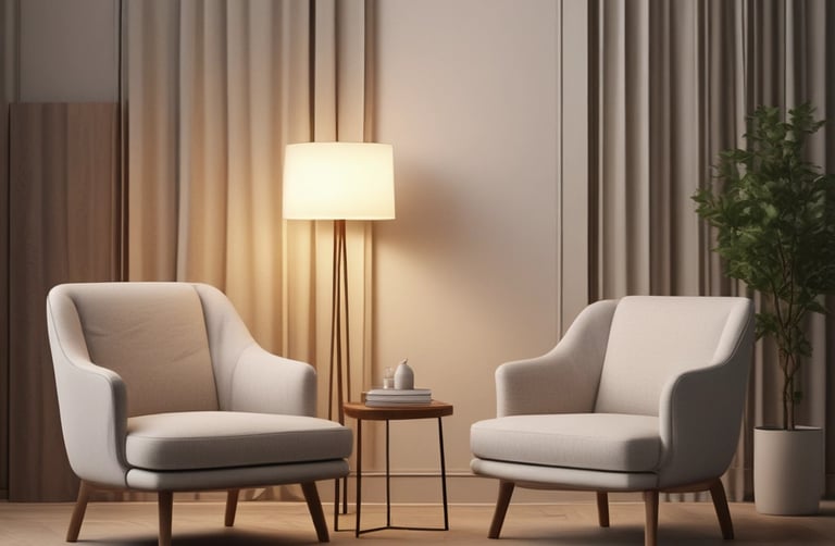 A modern furniture showroom displays a white couch adorned with a decorative red and white pillow. Two brown leather chairs flank the couch, placed on a patterned rug. A square wooden coffee table with a few decorative items sits in the center. The setting is part of a larger showroom with a visible sign above reading 'west'.
