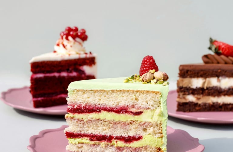 Rebanadas de pastel de pistache con frambuesa, red velvet y chocolate sobre platos rosas