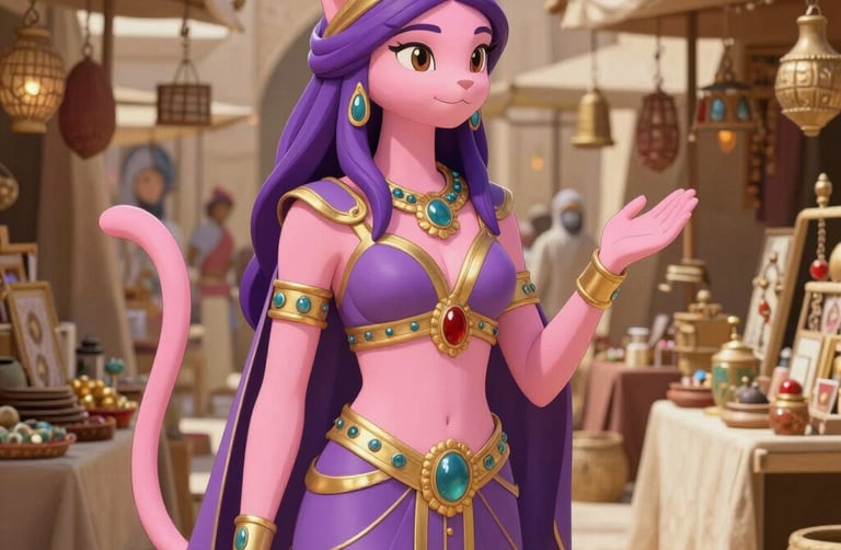 A vibrant cat toy shaped like a golden lion from ancient Mesopotamia, resting on deep blue silk.