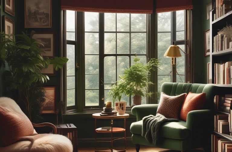 a cozy nook with a green chair and a chair