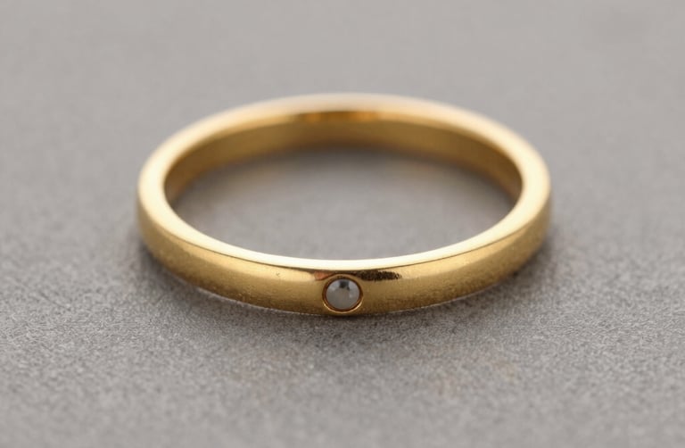 Stack of finely crafted rings with mixed metals and subtle gemstone accents arranged on a wooden tray.