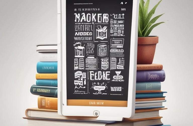 An open e-book reader showing a crisp, modern book cover with white and black tones, resting on a wooden surface.