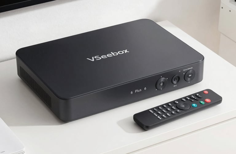 Close-up of the sleek Vseebox streaming device glowing softly on a modern wooden table.