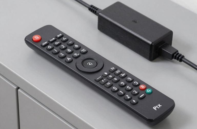 User holding a remote control with the Vseebox interface visible on a bright screen in the background.