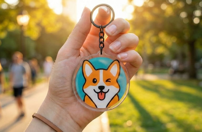 Mano sosteniendo un lindo llavero de acrílico con forma de perro corgi en un parque