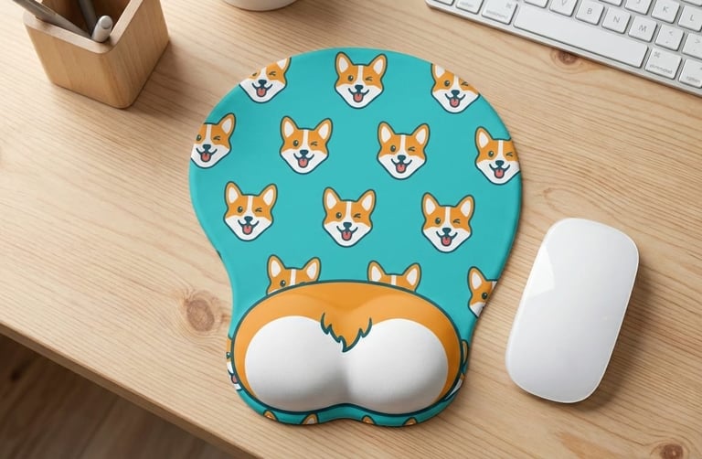 Mouse pad ergonómica con soporte para muñecas en forma de trasero de corgi sobre escritorio