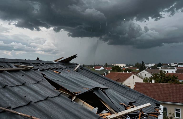 Close-up of a craftsman repairing a roof with green and white tools.
