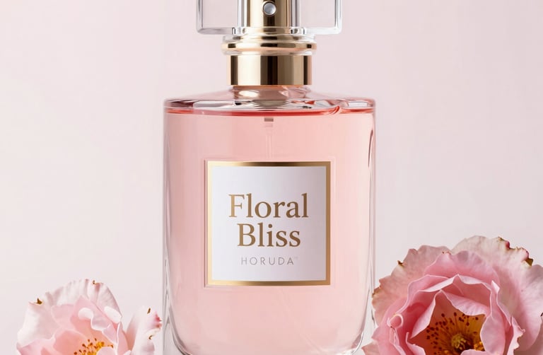 A close-up of a delicate floral perfume bottle resting on soft petals.