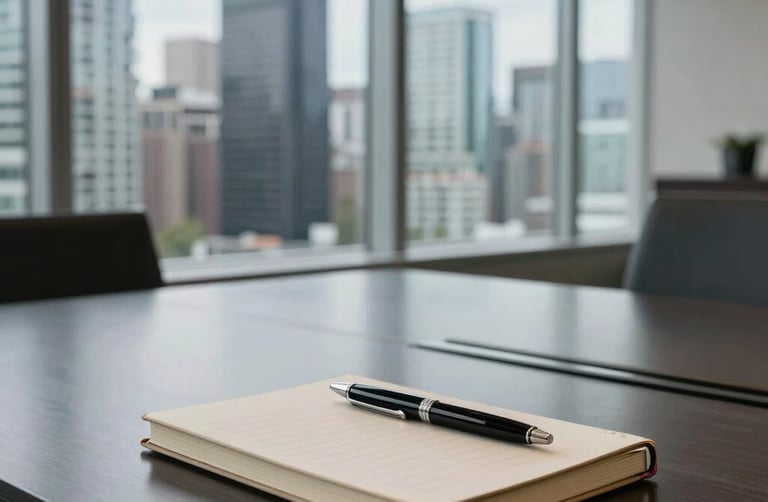 A high-end photography shot of a minimalist boardroom in a skyscraper in Vancouver, Canada. Through floor-to-ceiling windows, the city skyline is visible. On a sleek dark table, a premium beige notebook and a luxury pen sit, reflecting a serious professional atmosphere.