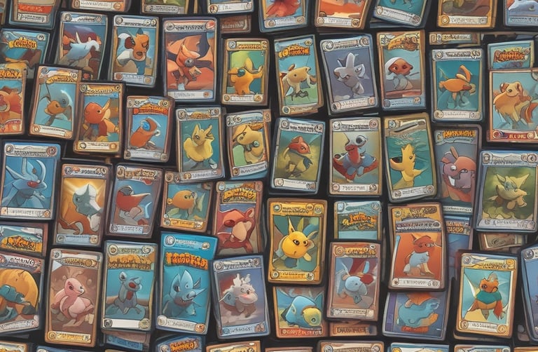 Close-up of colorful collectible cards spread out on a wooden table.