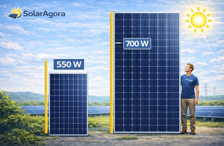 Comparação de tamanho entre placas solares de 550W e 700W com escala real