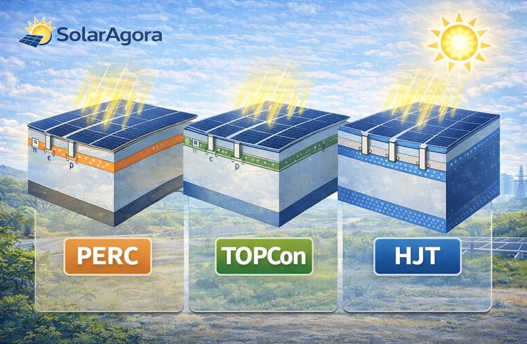 Diferença entre tecnologias de células solares PERC, TOPCon e HJT