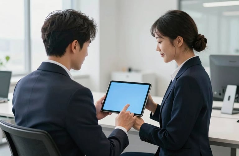 A professional individual in a sharp deep charcoal navy blazer sitting in a modern office, looking at a soft sky blue tablet screen. The lighting is bright and clean, reflecting off pale mist white surfaces, creating a trustworthy and efficient mood.