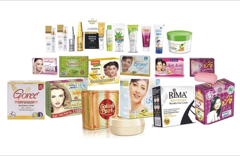 Collection of assorted skin whitening creams, anti-acne soaps, and beauty skincare products for facial care.