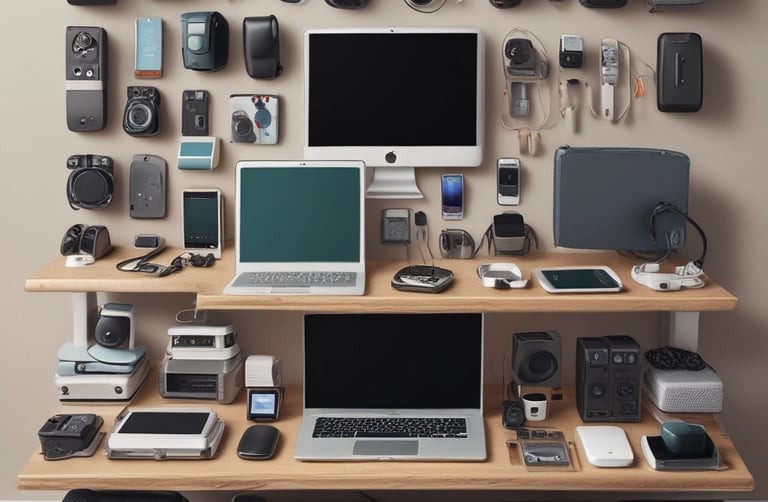 A collection of consumer electronics, laptops, and photography gear neatly organized on wooden shelves.