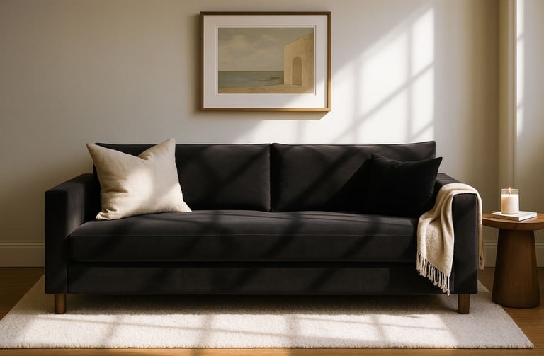 High-end living room featuring a custom black sofa with a long cushion, soft textures.