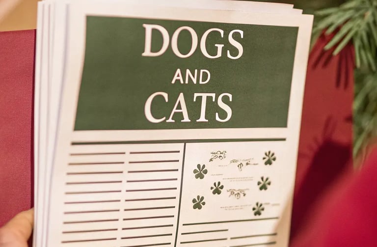 a person holding a book with a dog and cat