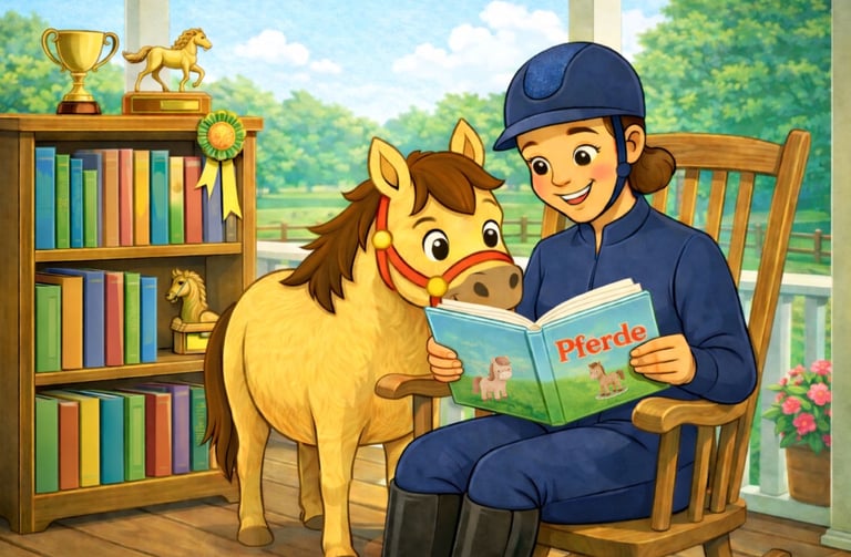 Cartoon Illustration von Pancake und der Ponytante beim lesen von Pferdebüchern