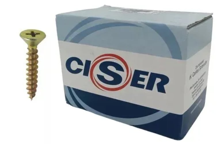 Box of Ciser yellow zinc-plated flat head wood screws for carpentry and construction.
