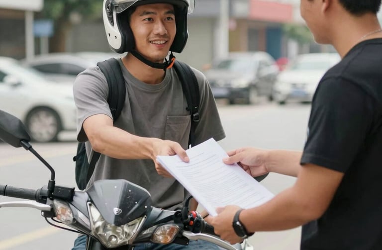 A friendly sales consultant assisting a customer with motorcycle options in a modern showroom.