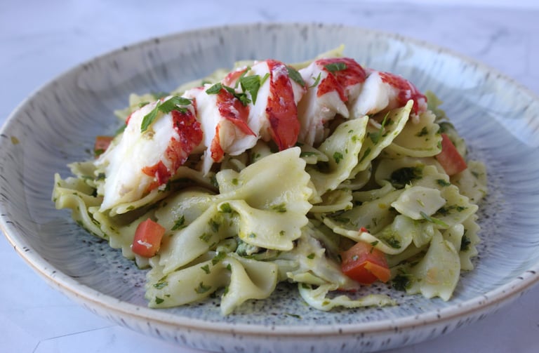 Farfalle Pasta with Lobster, Tomato Cubes, and Fresh Parsley Sauce